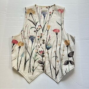 Coldwater Creek Vintage Vest Flax Blend Beige Floral Cottagecore Boho Size S